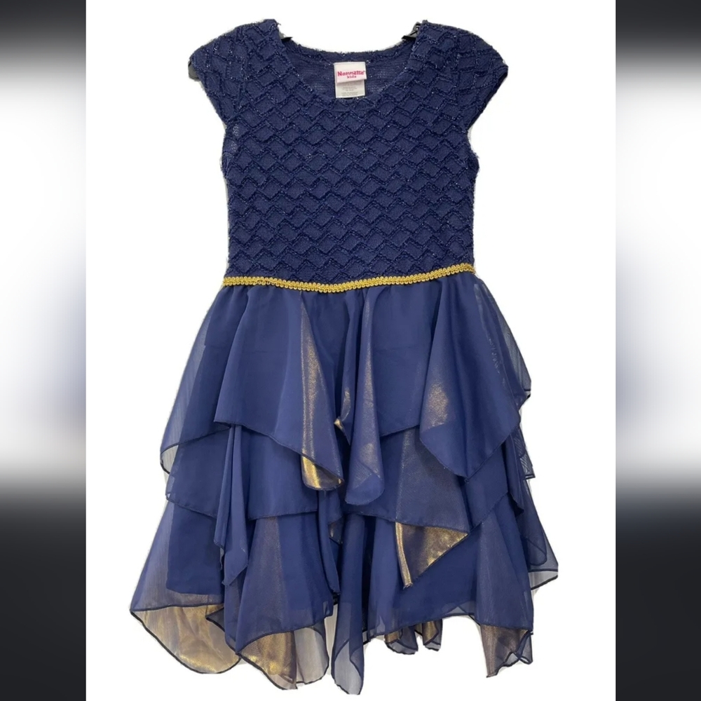 Nanette Kids Navy Blue & Gold Ruffle Tier Dress